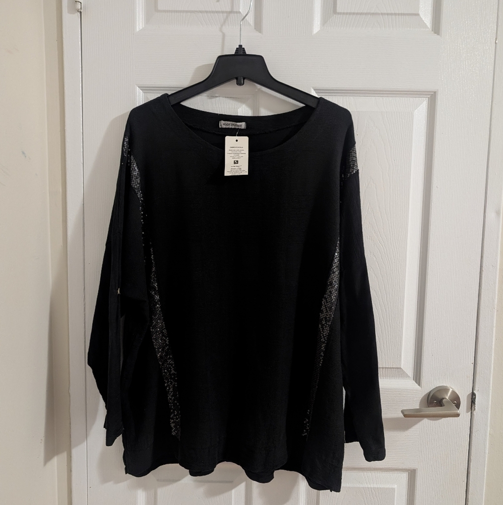 NWT Boho Chic Beaded Sequin Cotton Oversizet Black Top Italia One Size M /XXL